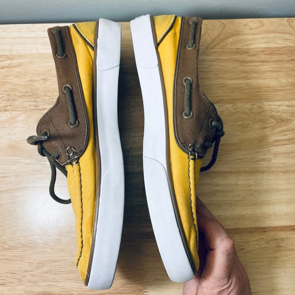 Polo Ralph Lauren Mens Lander P Yellow Canvas Boat Shoes 9D Brown Trim